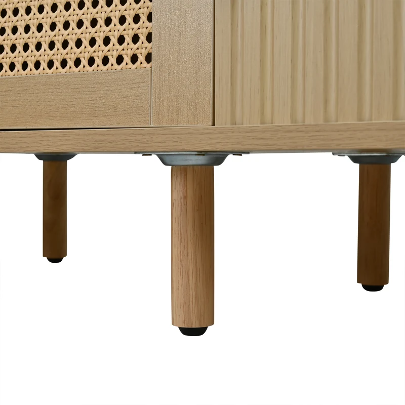 Meuble TV ovale effet bois clair tiroir central en rotin avec 2 portes coulissantes à latte ITALIAN CORNER