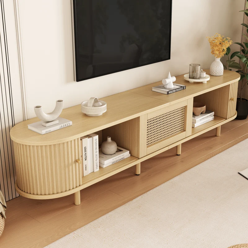 Meuble TV ovale effet bois clair tiroir central en rotin avec 2 portes coulissantes à latte ITALIAN CORNER