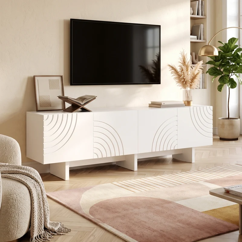 Meuble TV blanc arc-en-ciel en relief avec 4 portes 170x35x50cm FLOATING COTTON ELITE