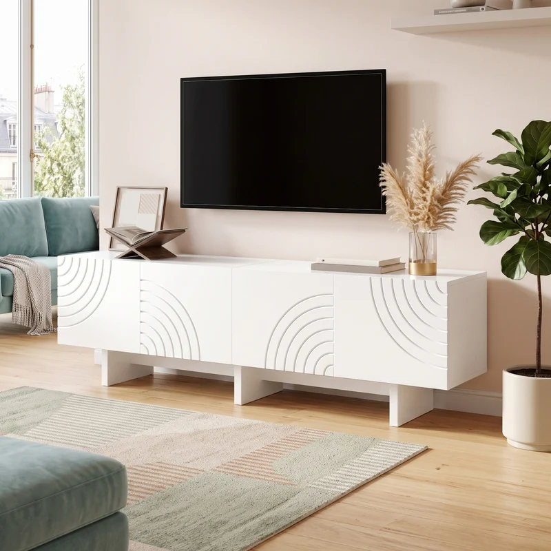 Meuble TV blanc arc-en-ciel en relief avec 4 portes 170x35x50cm FLOATING COTTON ELITE