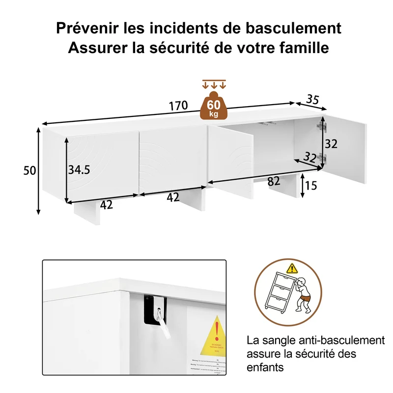 Meuble TV blanc arc-en-ciel en relief avec 4 portes 170x35x50cm FLOATING COTTON ELITE