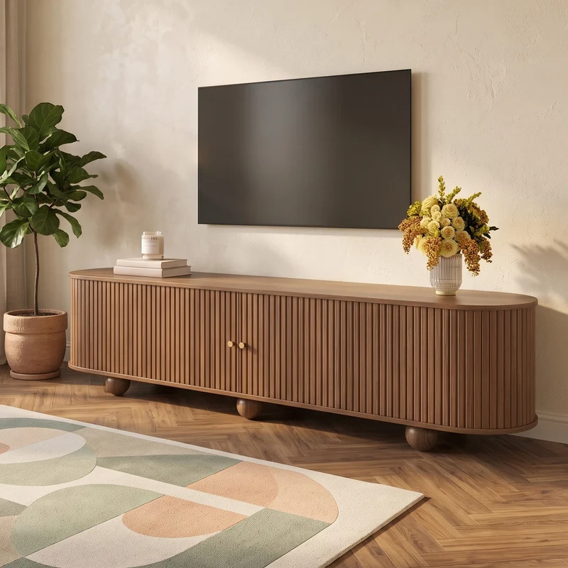 Meuble TV ovale effet bois clair 4 portes au design ondulé 3D, accents dorés et pieds boules FLOATING BASKET