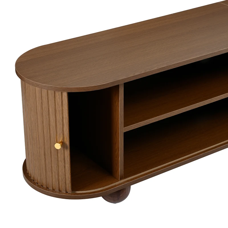 Meuble TV ovale effet bois clair 4 portes au design ondulé 3D, accents dorés et pieds boules FLOATING BASKET