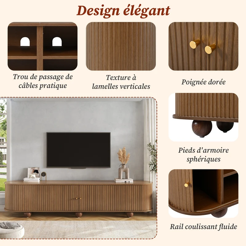 Meuble TV ovale effet bois clair 4 portes au design ondulé 3D, accents dorés et pieds boules FLOATING BASKET