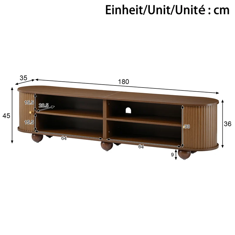 Meuble TV ovale effet bois clair 4 portes au design ondulé 3D, accents dorés et pieds boules FLOATING BASKET