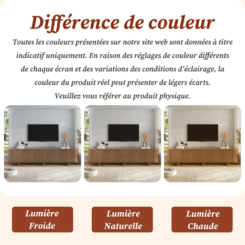 Meuble TV ovale effet bois clair 4 portes au design ondulé 3D, accents dorés et pieds boules FLOATING BASKET