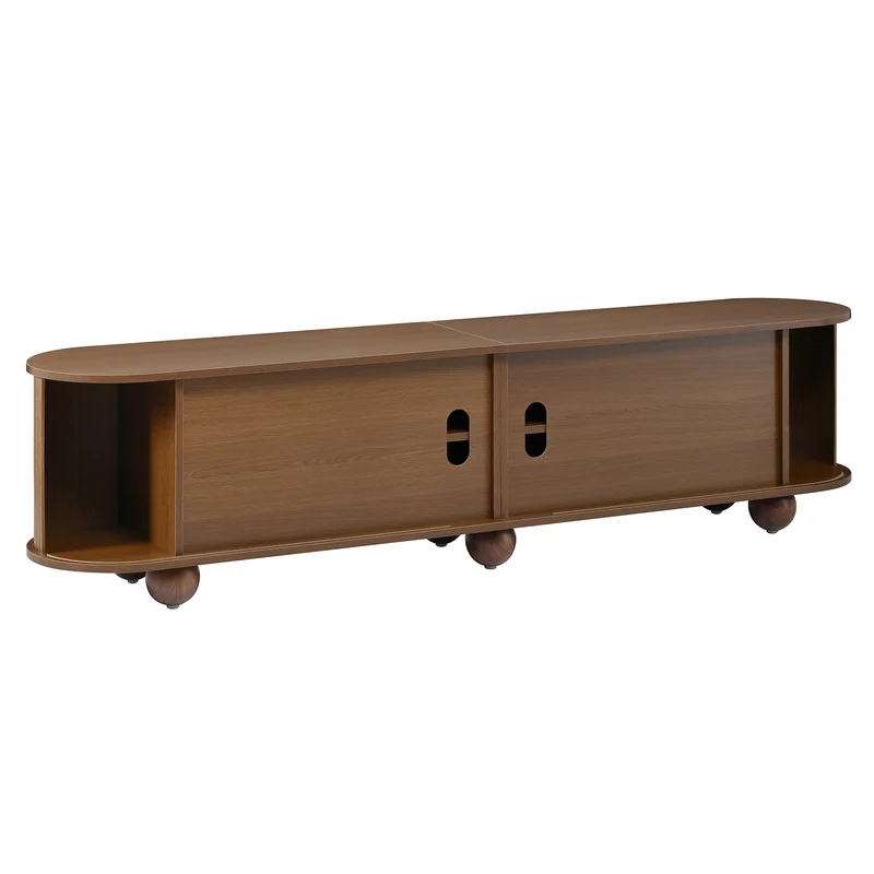 Meuble TV ovale effet bois clair 4 portes au design ondulé 3D, accents dorés et pieds boules FLOATING BASKET