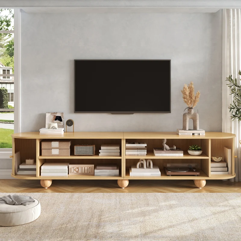 Meuble TV ovale effet bois clair 4 portes au design ondulé 3D, accents dorés et pieds boules FLOATING CART