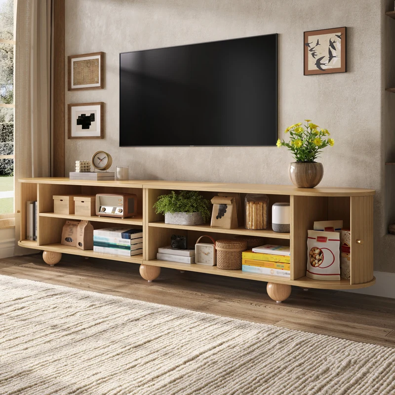 Meuble TV ovale effet bois clair 4 portes au design ondulé 3D, accents dorés et pieds boules FLOATING CART