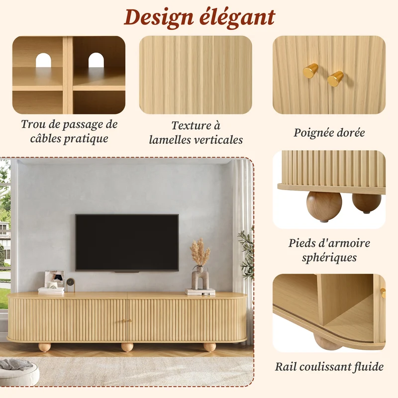 Meuble TV ovale effet bois clair 4 portes au design ondulé 3D, accents dorés et pieds boules FLOATING CART