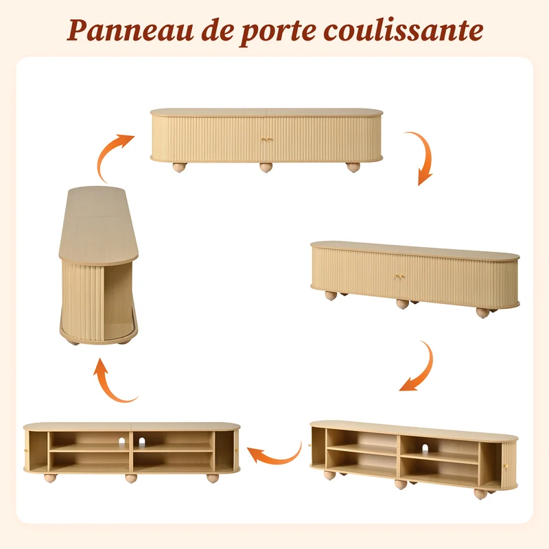 Meuble TV ovale effet bois clair 4 portes au design ondulé 3D, accents dorés et pieds boules FLOATING CART