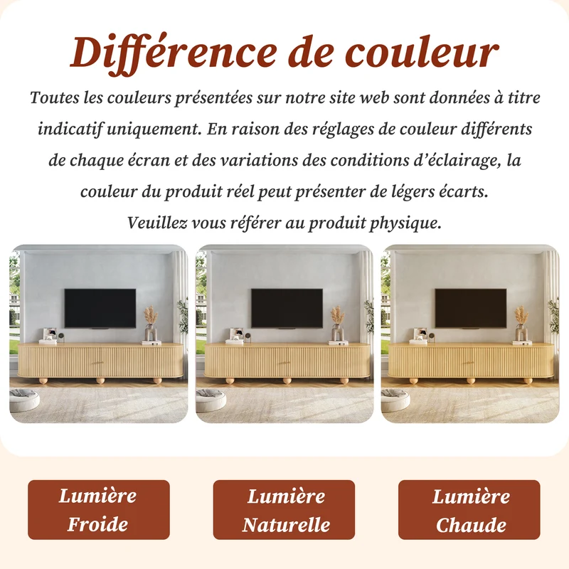 Meuble TV ovale effet bois clair 4 portes au design ondulé 3D, accents dorés et pieds boules FLOATING CART