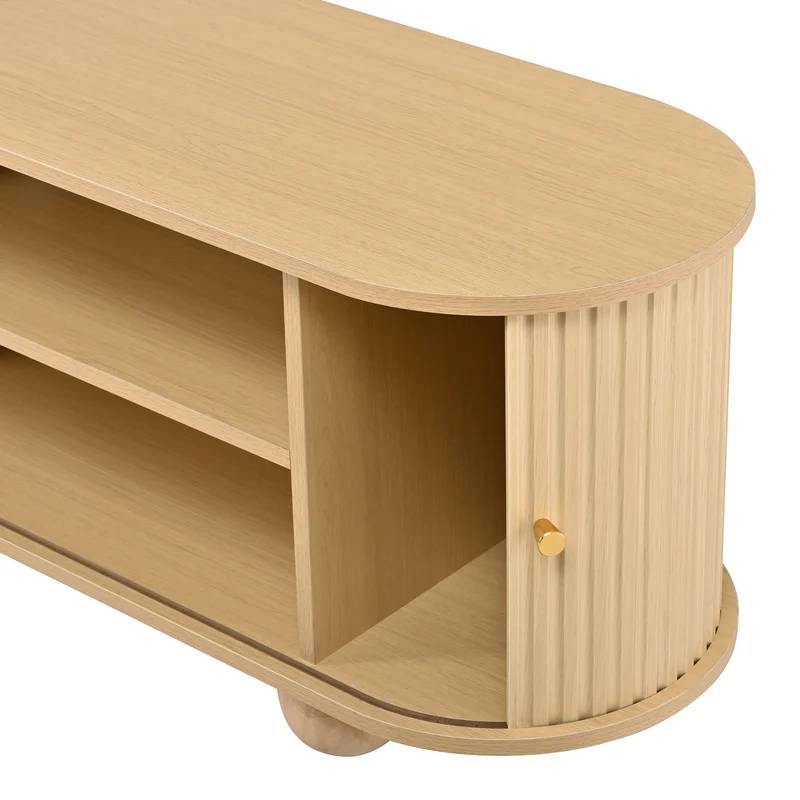 Meuble TV ovale effet bois clair 4 portes au design ondulé 3D, accents dorés et pieds boules FLOATING CART