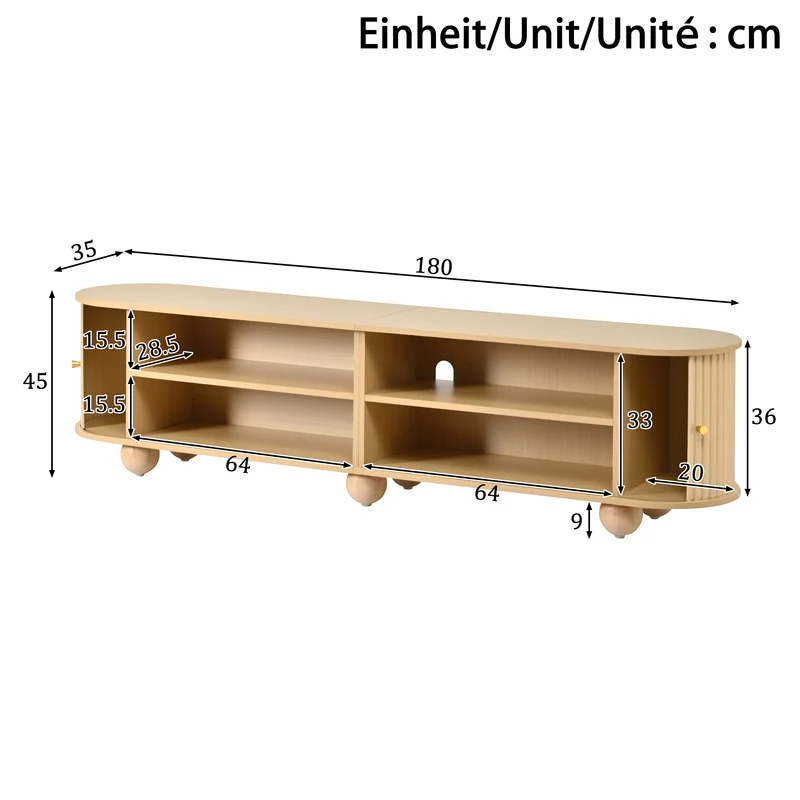 Meuble TV ovale effet bois clair 4 portes au design ondulé 3D, accents dorés et pieds boules FLOATING CART