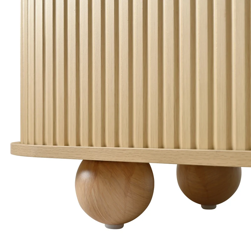 Meuble TV ovale effet bois clair 4 portes au design ondulé 3D, accents dorés et pieds boules FLOATING CART