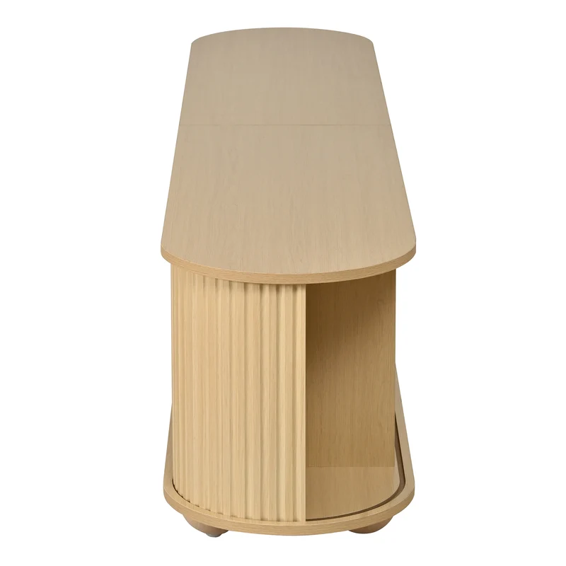 Meuble TV ovale effet bois clair 4 portes au design ondulé 3D, accents dorés et pieds boules FLOATING CART