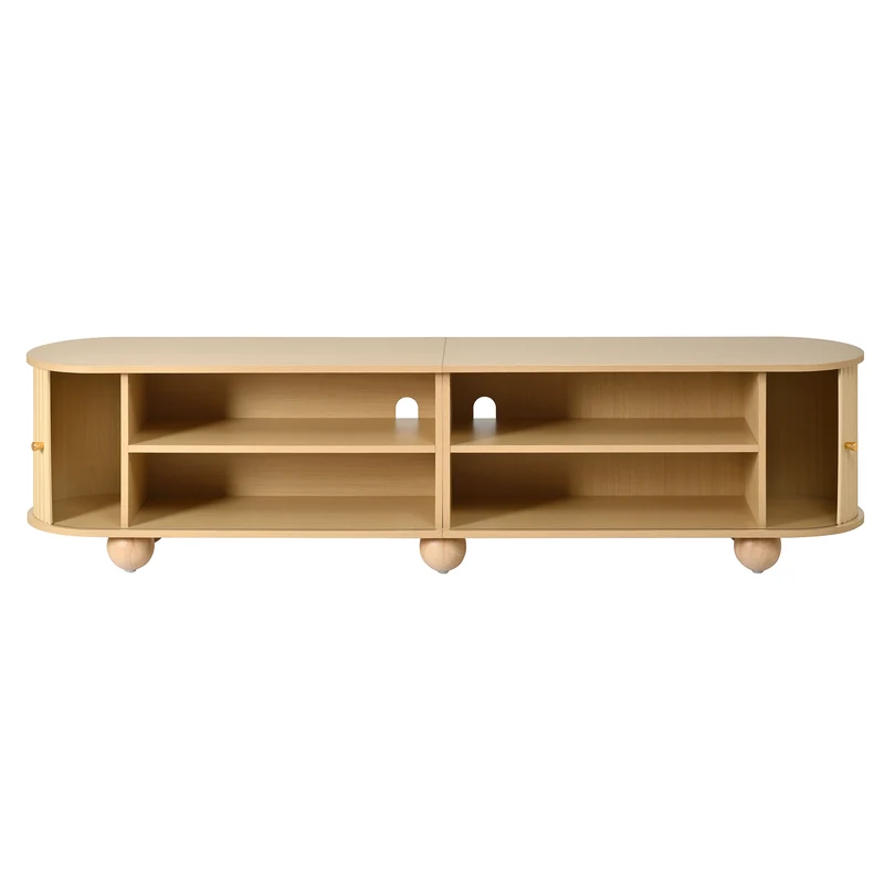 Meuble TV ovale effet bois clair 4 portes au design ondulé 3D, accents dorés et pieds boules FLOATING CART