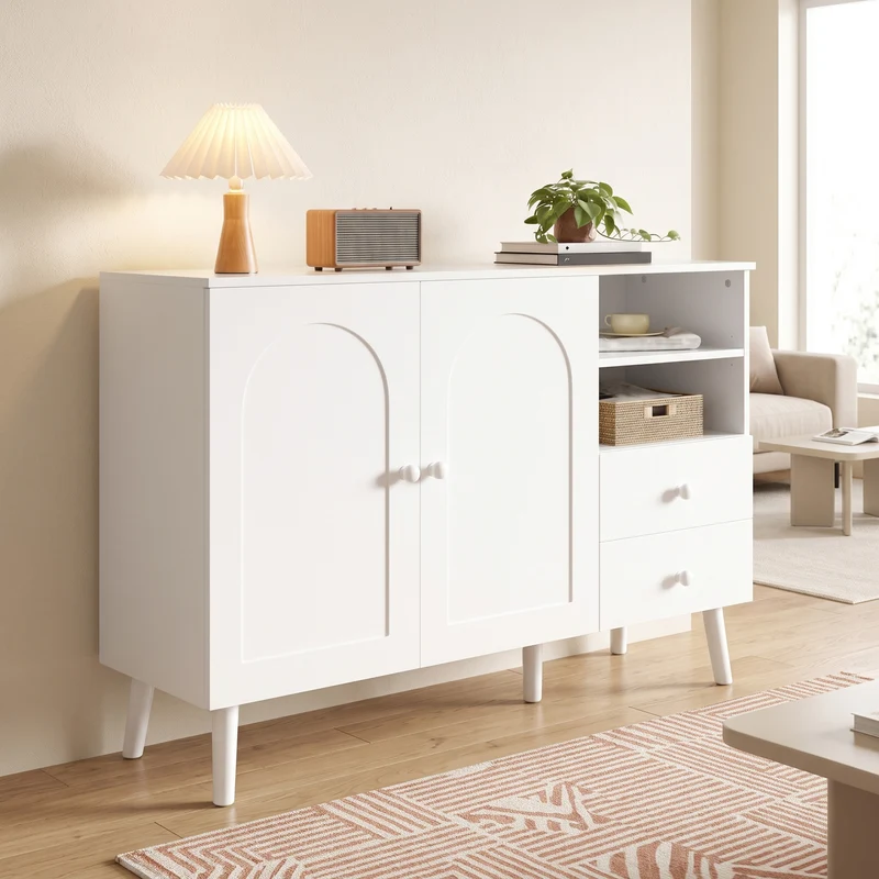Buffet blanc 2 portes design courbées, poignées et pieds en bois massif, 2 tiroirs et niches FLOATING CONCRETE MAX