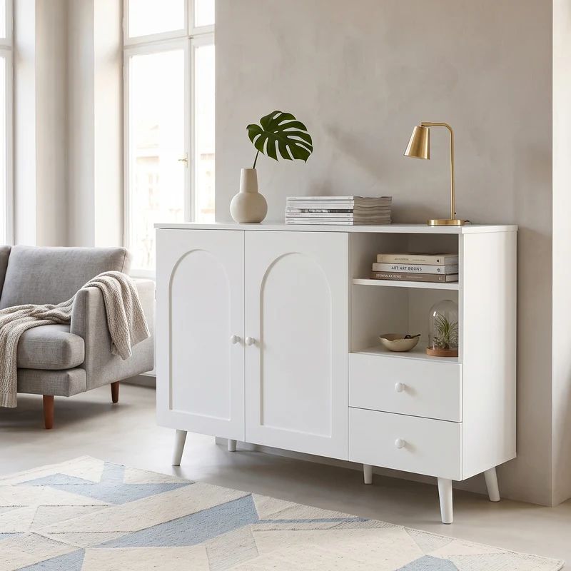 Buffet blanc 2 portes design courbées, poignées et pieds en bois massif, 2 tiroirs et niches FLOATING CONCRETE MAX