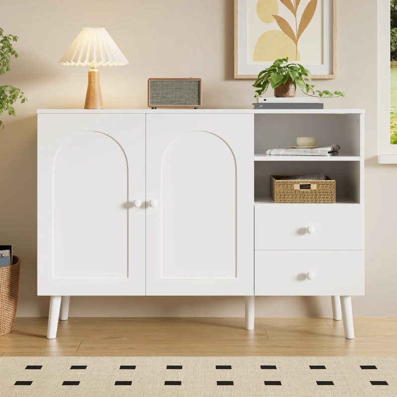 Buffet blanc 2 portes design courbées, poignées et pieds en bois massif, 2 tiroirs et niches FLOATING CONCRETE MAX