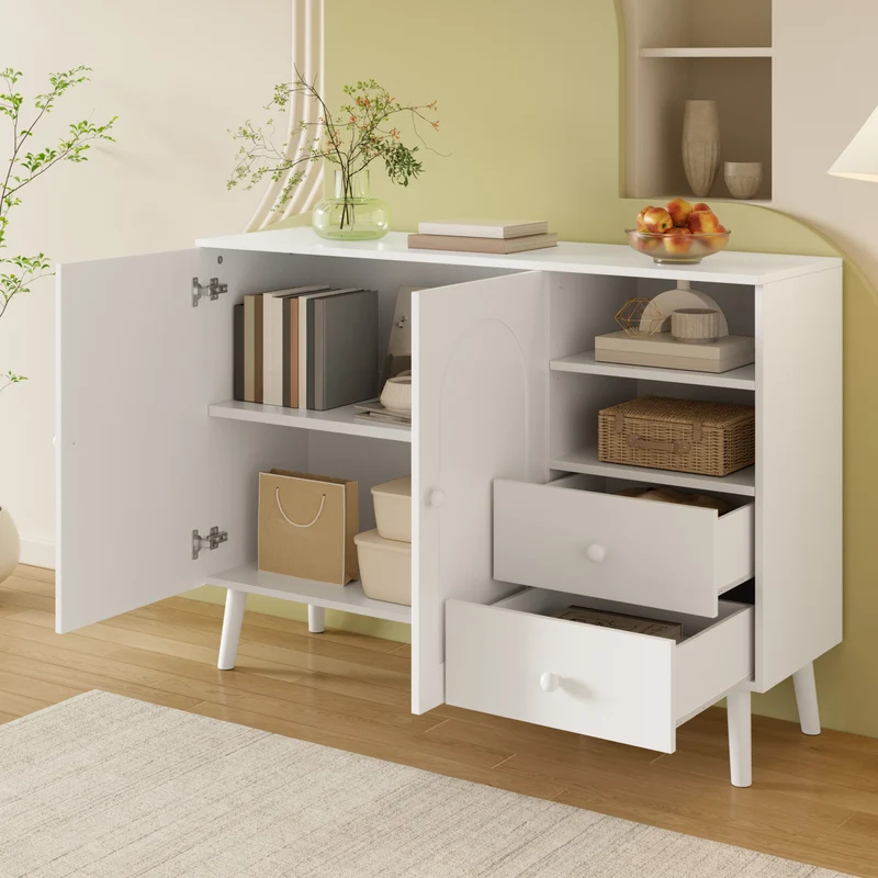 Buffet blanc 2 portes design courbées, poignées et pieds en bois massif, 2 tiroirs et niches FLOATING CONCRETE MAX