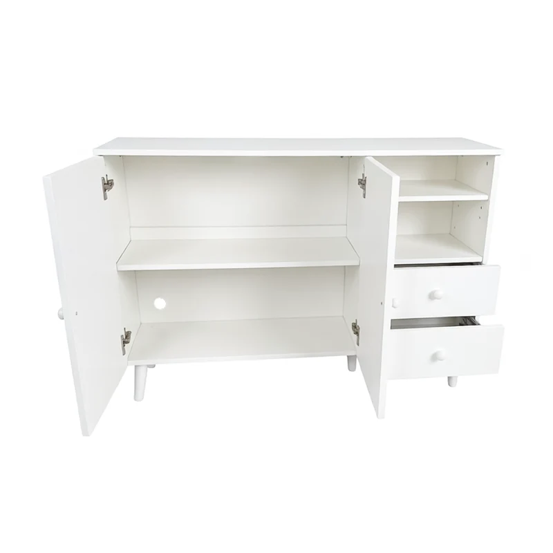Buffet blanc 2 portes design courbées, poignées et pieds en bois massif, 2 tiroirs et niches FLOATING CONCRETE MAX