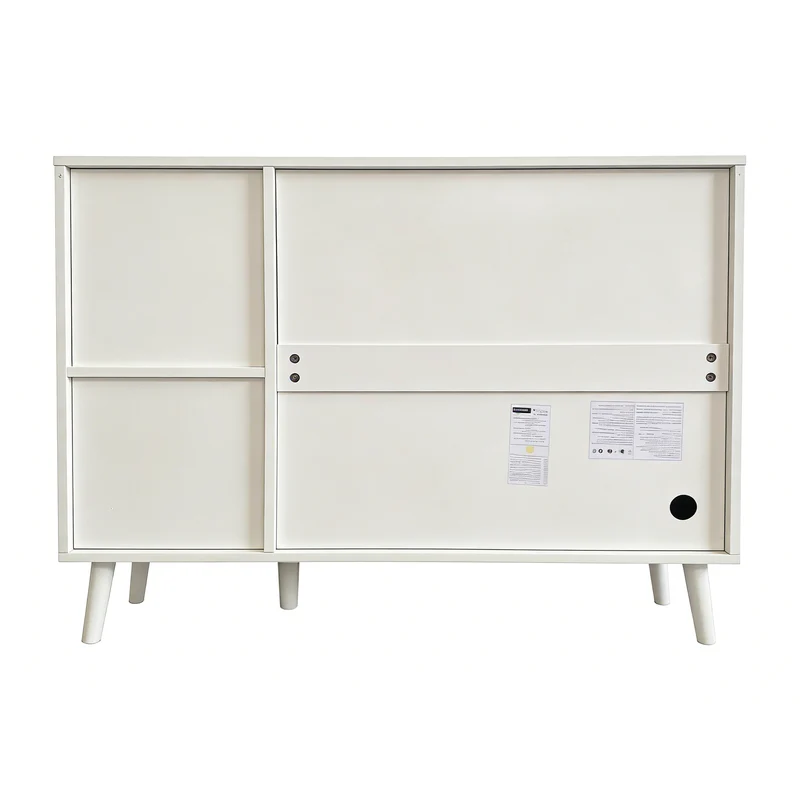 Buffet blanc 2 portes design courbées, poignées et pieds en bois massif, 2 tiroirs et niches FLOATING CONCRETE MAX