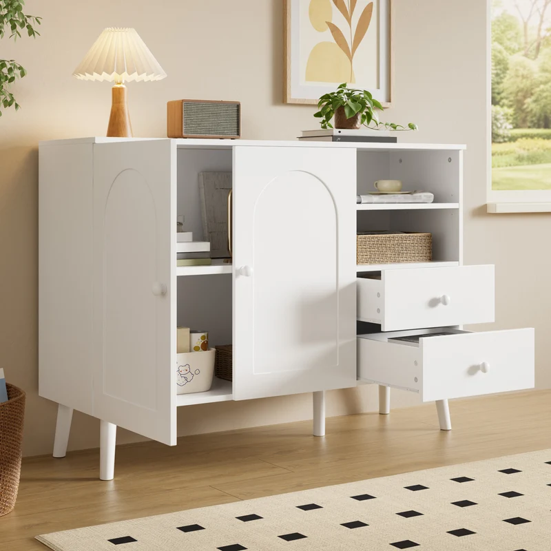 Buffet blanc 2 portes design courbées, poignées et pieds en bois massif, 2 tiroirs et niches FLOATING CONCRETE MAX