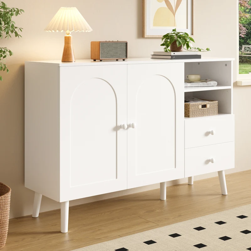 Buffet blanc 2 portes design courbées, poignées et pieds en bois massif, 2 tiroirs et niches FLOATING CONCRETE MAX