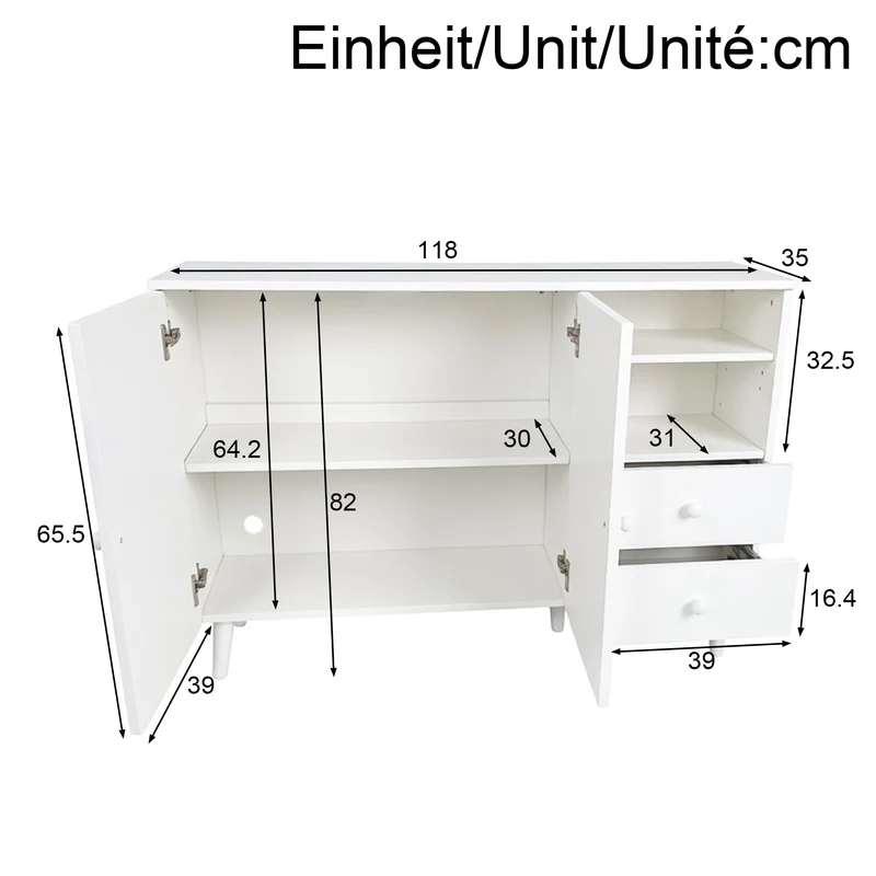 Buffet blanc 2 portes design courbées, poignées et pieds en bois massif, 2 tiroirs et niches FLOATING CONCRETE MAX