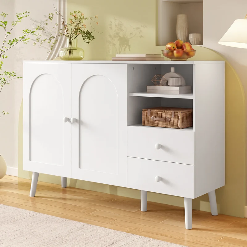 Buffet blanc 2 portes design courbées, poignées et pieds en bois massif, 2 tiroirs et niches FLOATING CONCRETE MAX