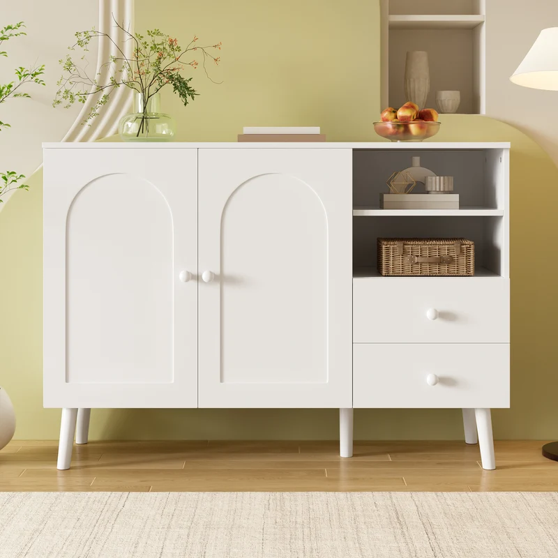 Buffet blanc 2 portes design courbées, poignées et pieds en bois massif, 2 tiroirs et niches FLOATING CONCRETE MAX