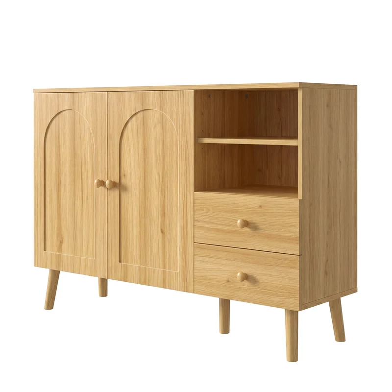 Buffet effet bois naturel 2 portes design courbées, poignées et pieds en bois massif, 2 tiroirs et niches FLOATING CLOCK