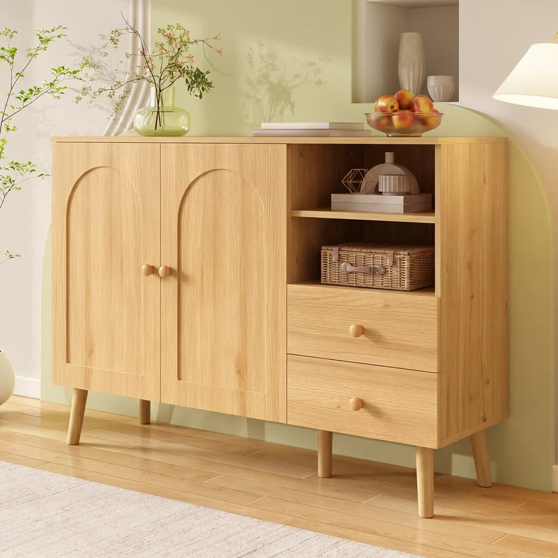 Buffet effet bois naturel 2 portes design courbées, poignées et pieds en bois massif, 2 tiroirs et niches FLOATING CLOCK