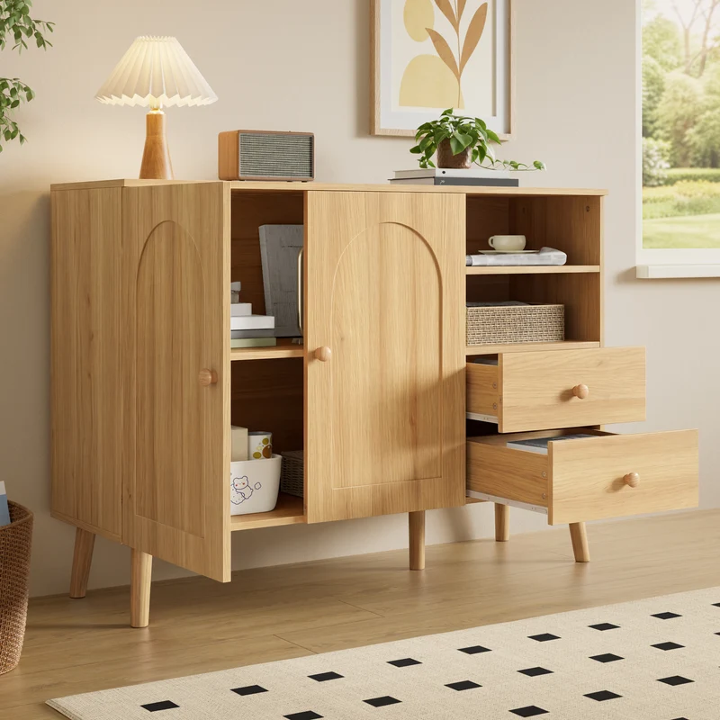 Buffet effet bois naturel 2 portes design courbées, poignées et pieds en bois massif, 2 tiroirs et niches FLOATING CLOCK