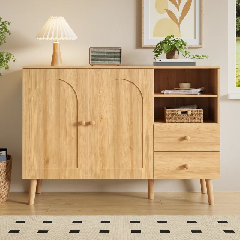 Buffet effet bois naturel 2 portes design courbées, poignées et pieds en bois massif, 2 tiroirs et niches FLOATING CLOCK