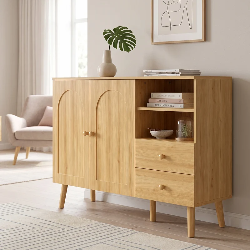 Buffet effet bois naturel 2 portes design courbées, poignées et pieds en bois massif, 2 tiroirs et niches FLOATING CLOCK