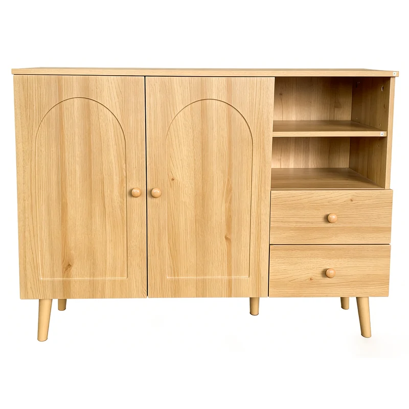 Buffet effet bois naturel 2 portes design courbées, poignées et pieds en bois massif, 2 tiroirs et niches FLOATING CLOCK