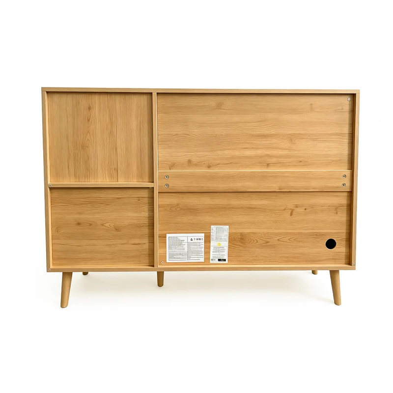 Buffet effet bois naturel 2 portes design courbées, poignées et pieds en bois massif, 2 tiroirs et niches FLOATING CLOCK