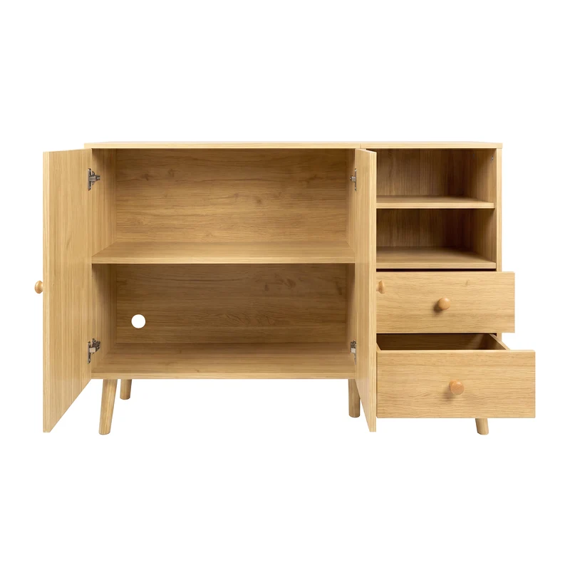 Buffet effet bois naturel 2 portes design courbées, poignées et pieds en bois massif, 2 tiroirs et niches FLOATING CLOCK