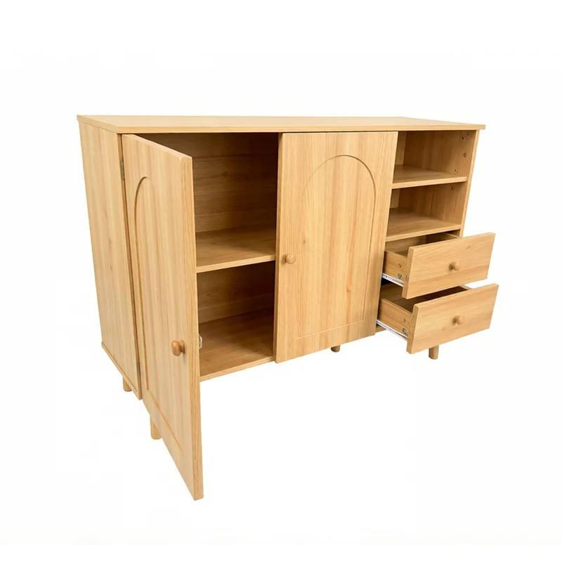 Buffet effet bois naturel 2 portes design courbées, poignées et pieds en bois massif, 2 tiroirs et niches FLOATING CLOCK