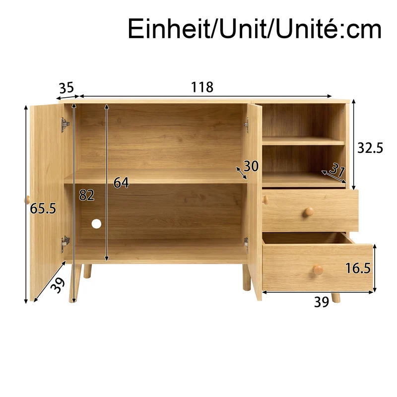 Buffet effet bois naturel 2 portes design courbées, poignées et pieds en bois massif, 2 tiroirs et niches FLOATING CLOCK