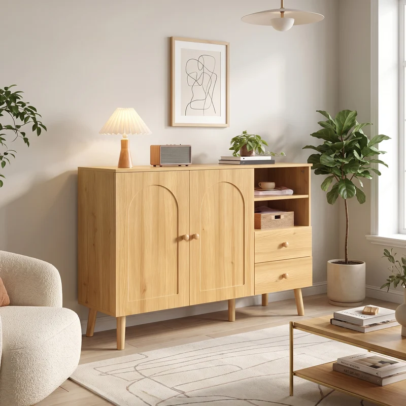 Buffet effet bois naturel 2 portes design courbées, poignées et pieds en bois massif, 2 tiroirs et niches FLOATING CLOCK