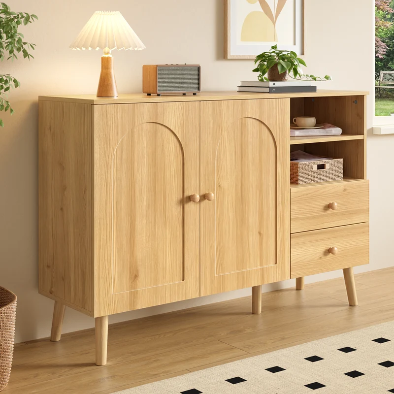 Buffet effet bois naturel 2 portes design courbées, poignées et pieds en bois massif, 2 tiroirs et niches FLOATING CLOCK