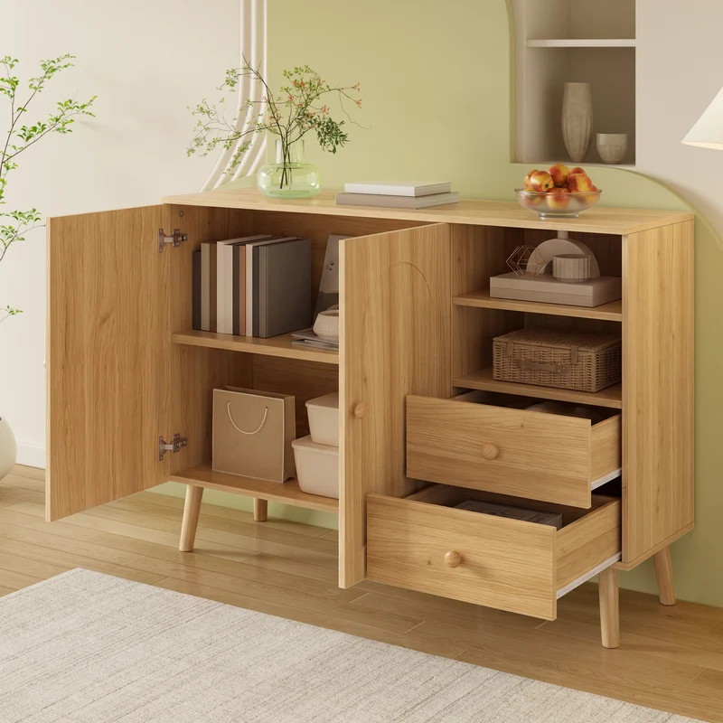 Buffet effet bois naturel 2 portes design courbées, poignées et pieds en bois massif, 2 tiroirs et niches FLOATING CLOCK