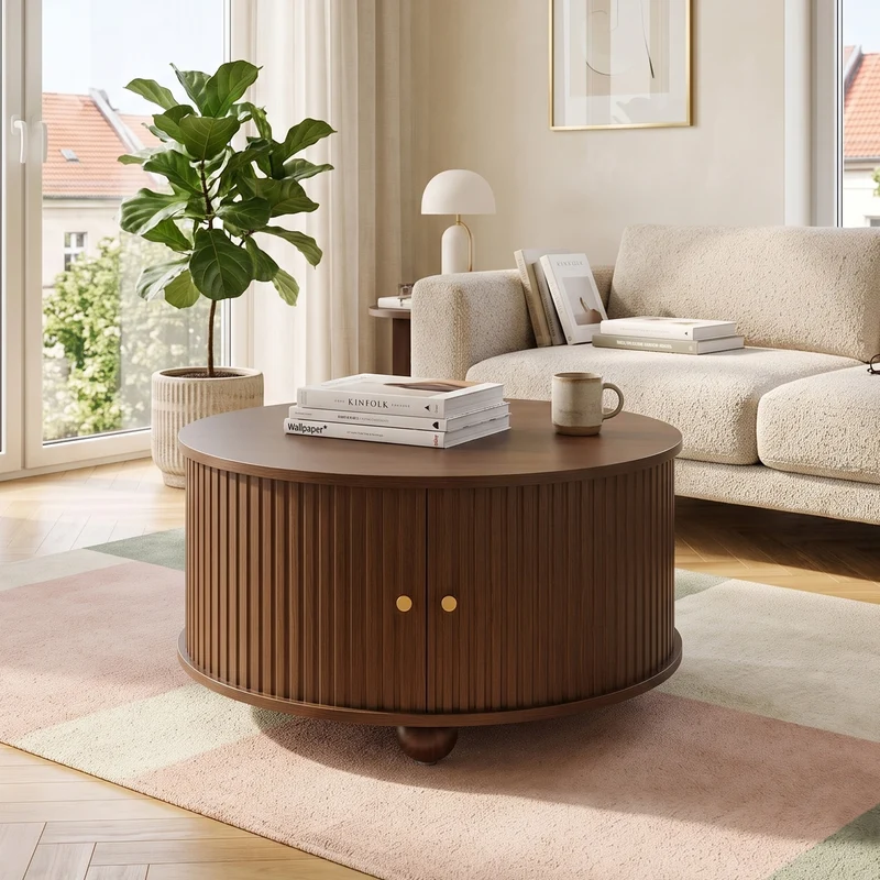 Table basse ronde effet bois noyer style rétro 2 portes coulissantes à latte poignées dorées 72x72x38cm FLEX WICKER PRIME