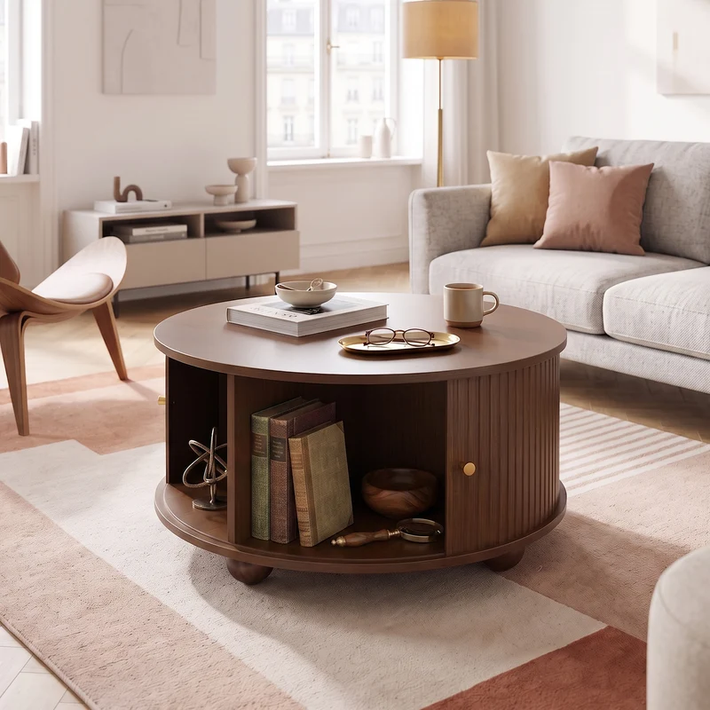 Table basse ronde effet bois noyer style rétro 2 portes coulissantes à latte poignées dorées 72x72x38cm FLEX WICKER PRIME