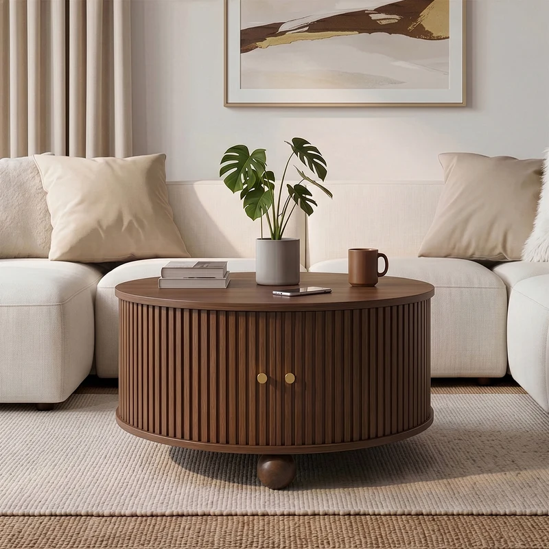 Table basse ronde effet bois noyer style rétro 2 portes coulissantes à latte poignées dorées 72x72x38cm FLEX WICKER PRIME