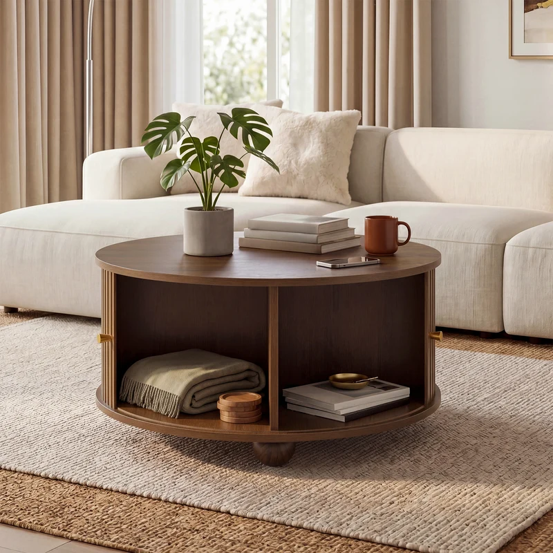 Table basse ronde effet bois noyer style rétro 2 portes coulissantes à latte poignées dorées 72x72x38cm FLEX WICKER PRIME