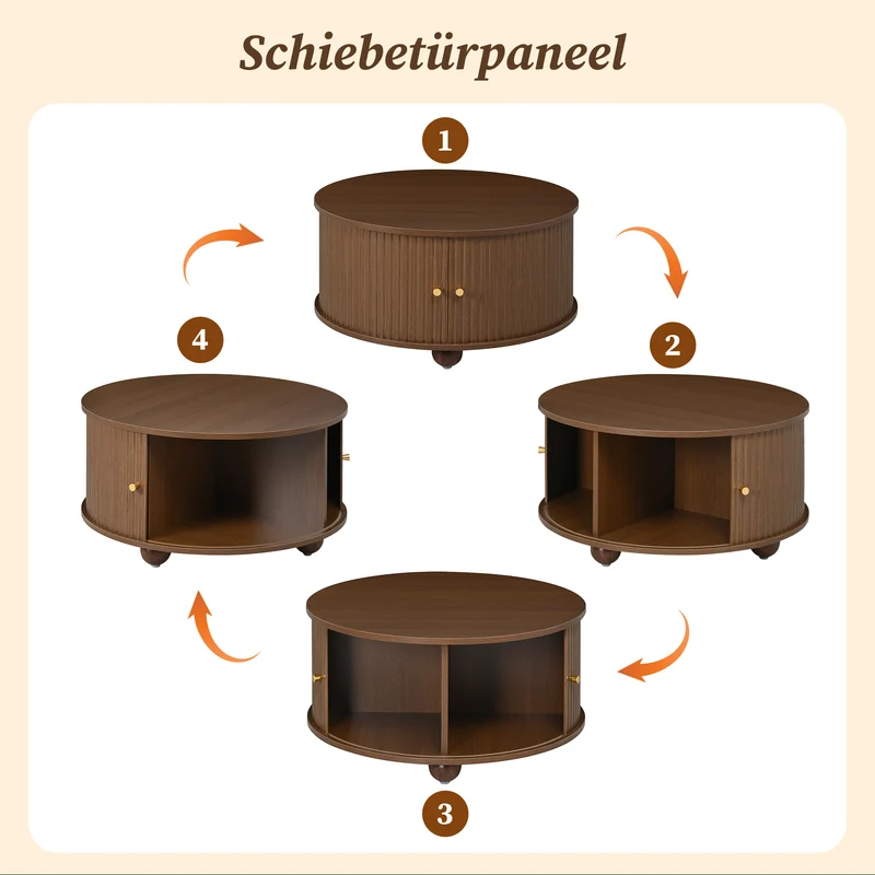 Table basse ronde effet bois noyer style rétro 2 portes coulissantes à latte poignées dorées 72x72x38cm FLEX WICKER PRIME